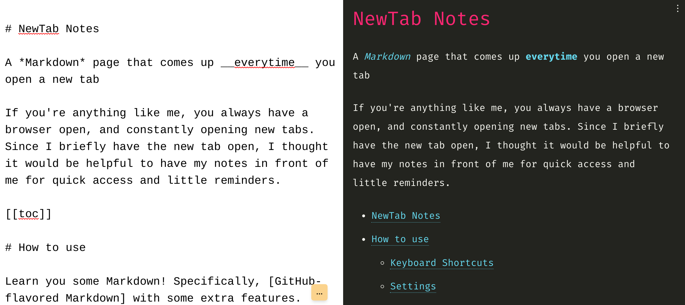 NewTab Notes sample screenshot